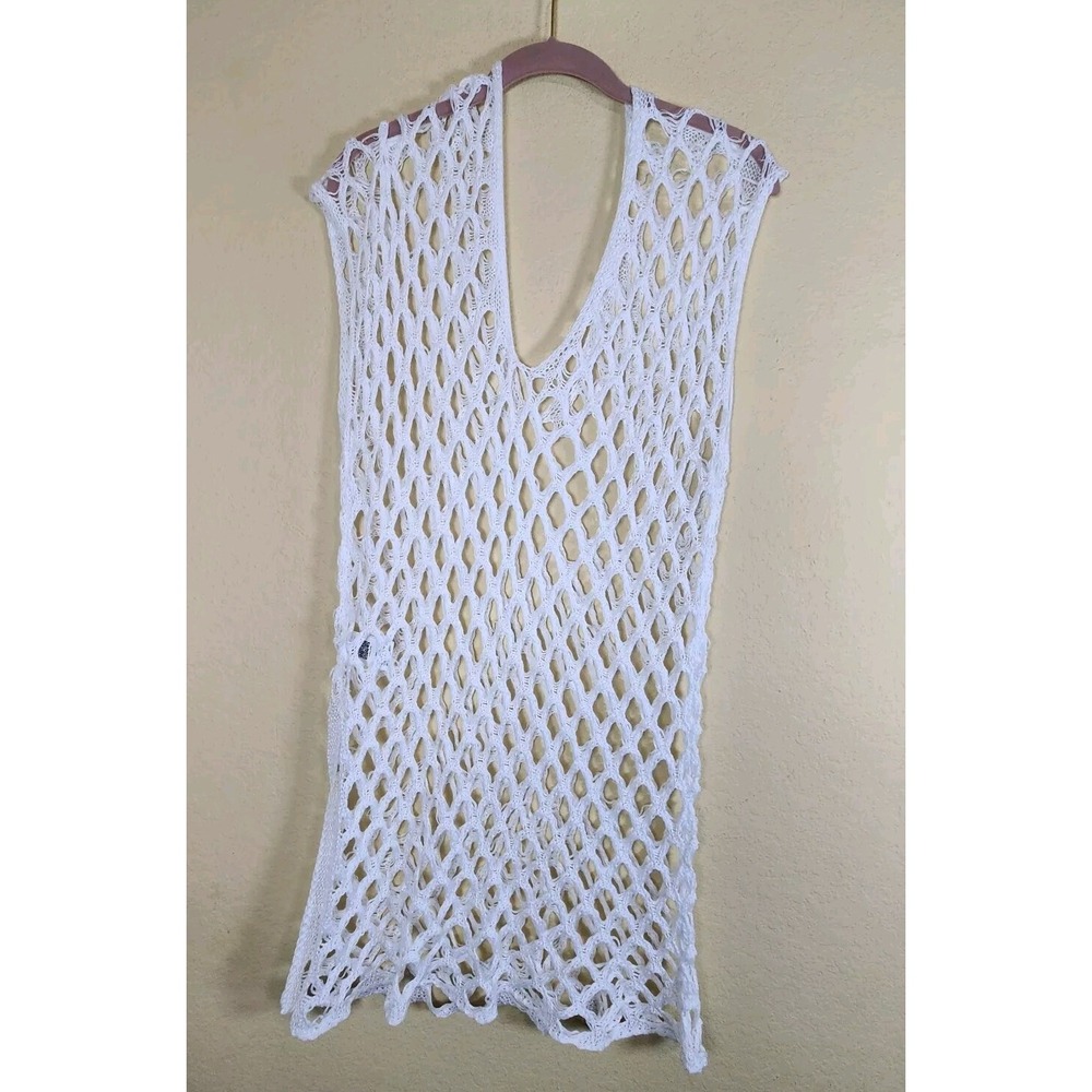 White Crochet V Neck Sleeveless Cover‎ Up Tunic Top 1XL